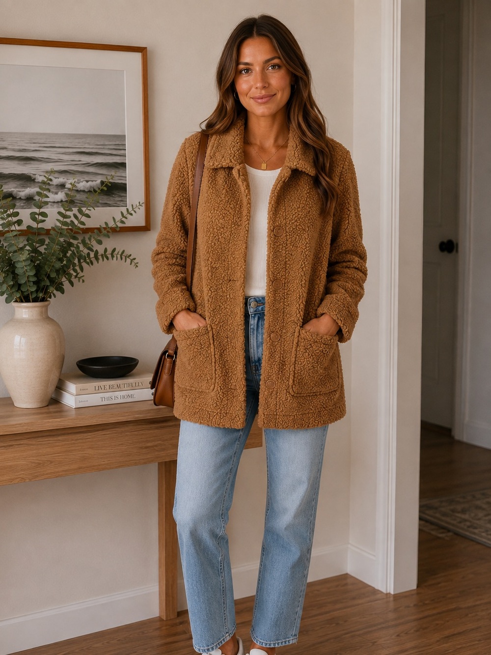 Women's trench Camel Teddy Jacket with Pocket Detail
